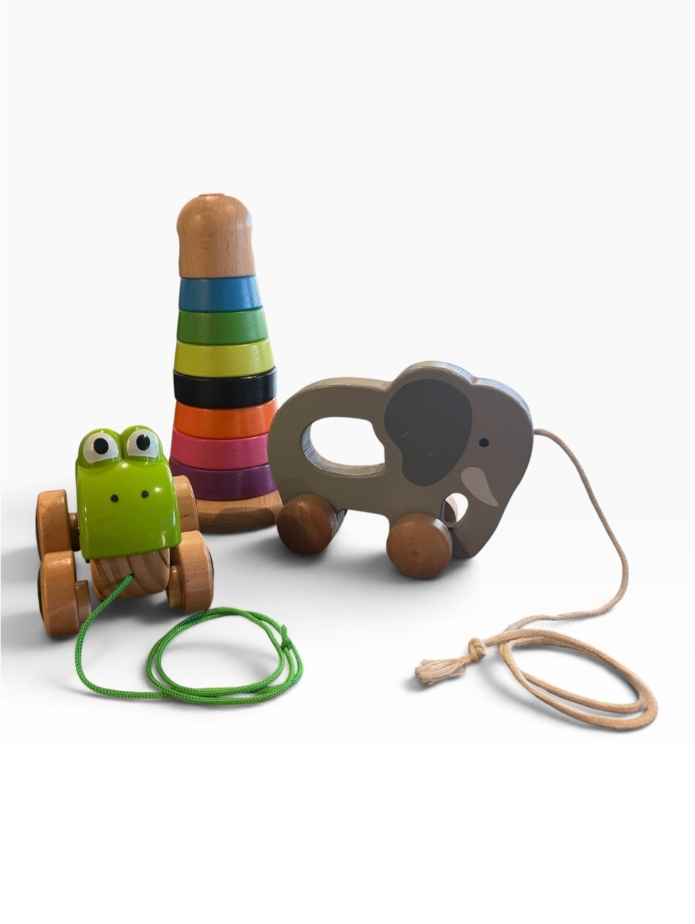 Hape Wooden Pull-Along Elephant Toy, Frog Car, and Colorful Stacking Rings Set